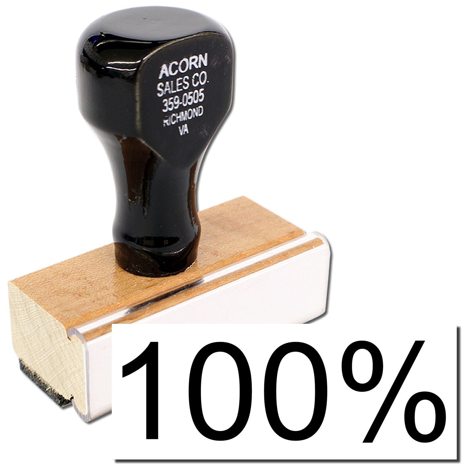 Acorn Sales Co. branded black rubber mallet on wooden base with 100% marketing text.