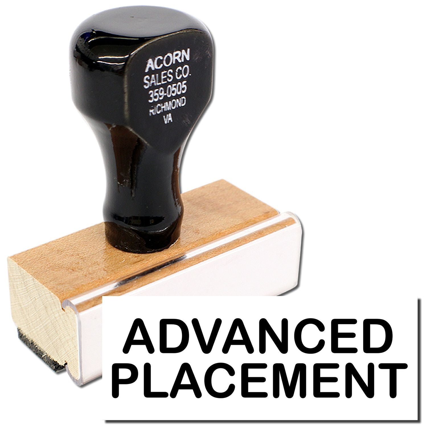 Acorn Sales Co. contact stamp on wooden block labeled Advanced Placement, used for branded product marking.