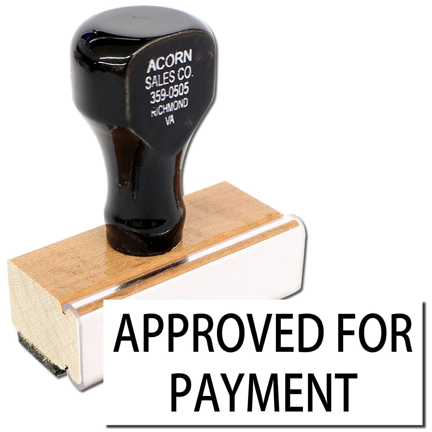 Acorn Sales Co. approval stamp on wooden block reading Approved for Payment for invoice processing.