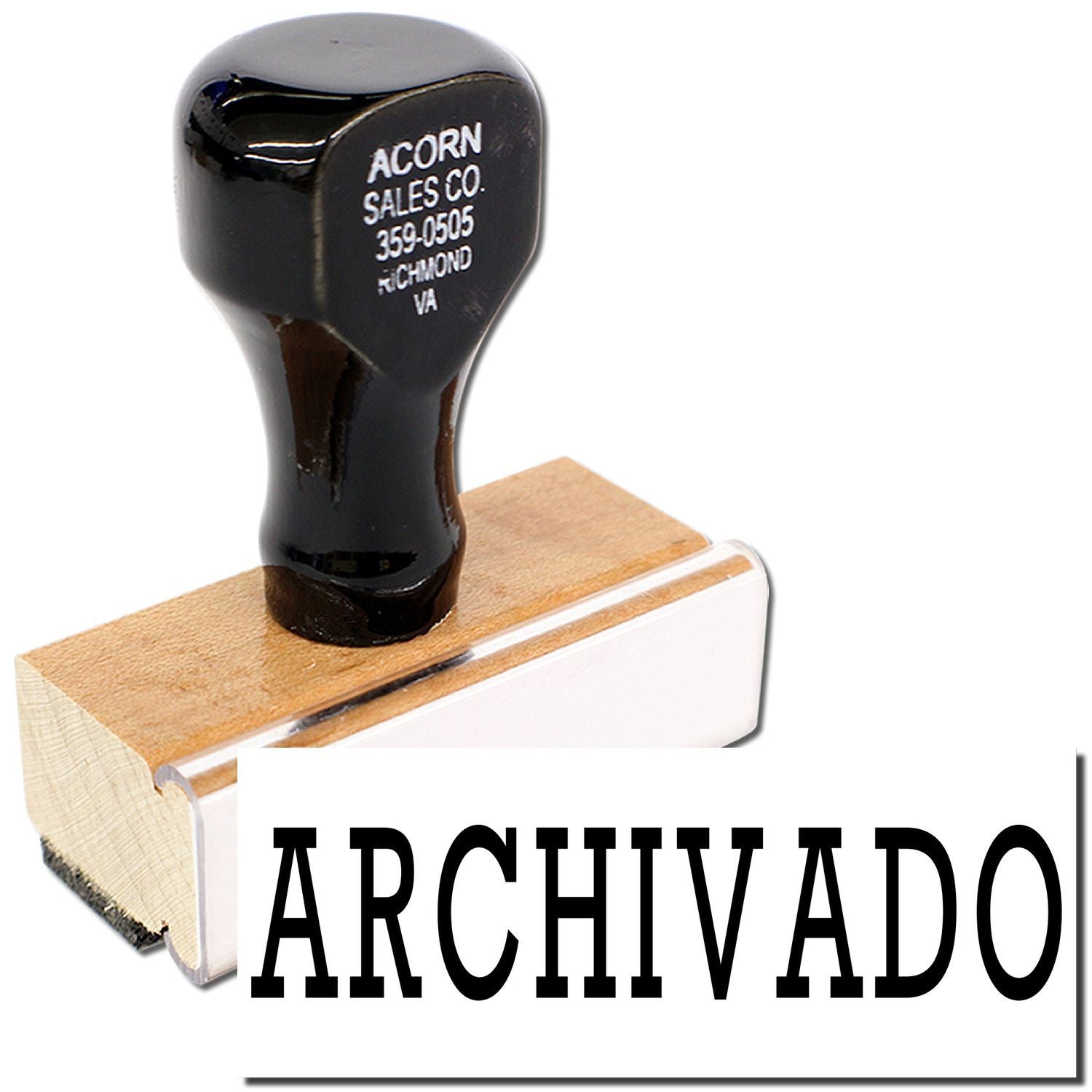 Acorn Sales Co. label with 359-0505 Richmond VA on vintage black hardware/bumper on wood base, marked ARCHIVADO for cataloging.
