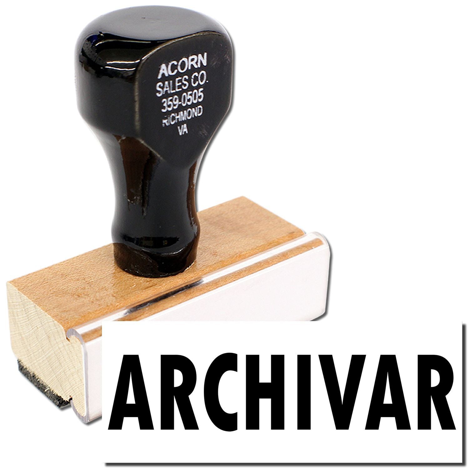 Acorn Sales Co. Archivar branded stamp tool on wooden base, showing Richmond VA phone number for identification.