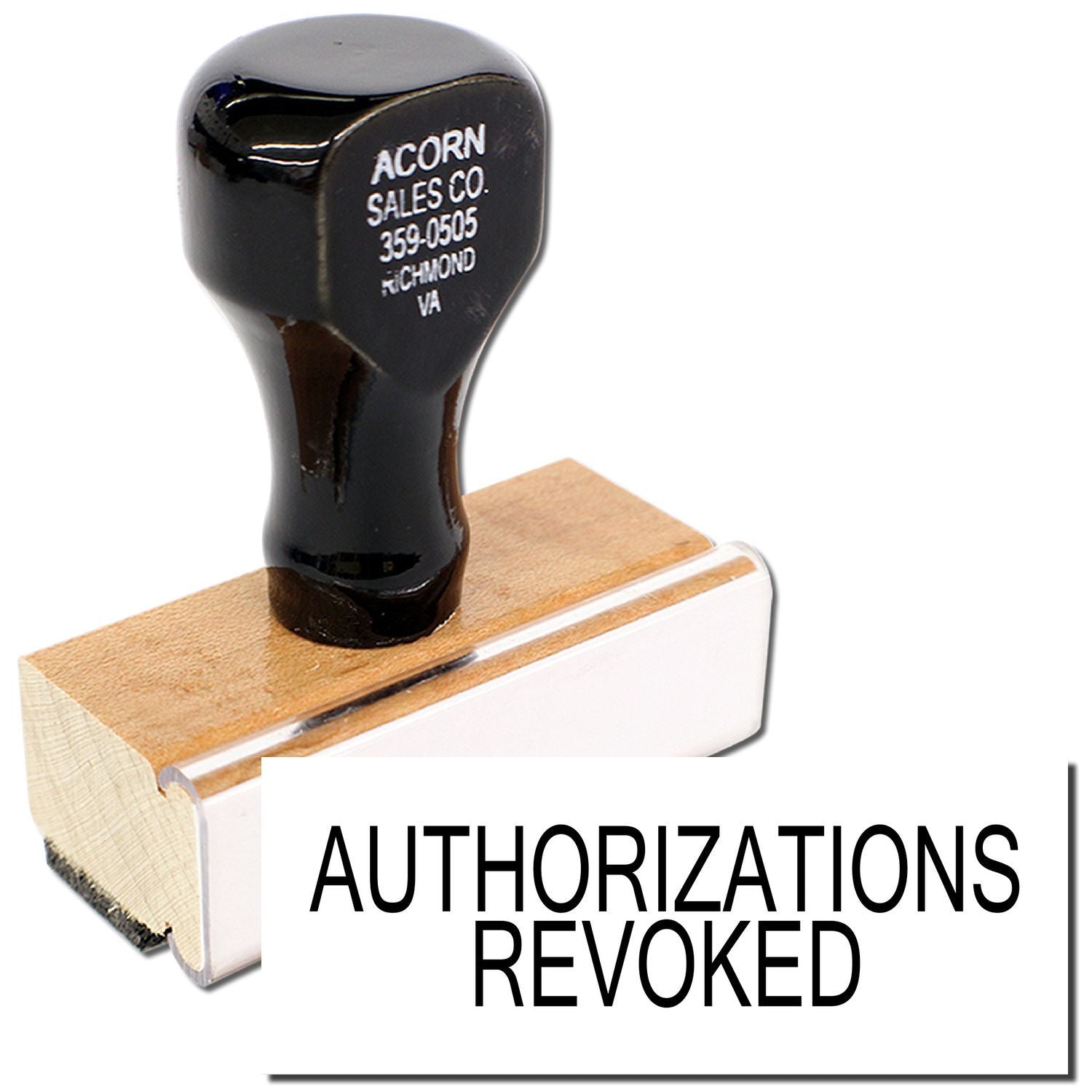 Acorn Sales Co. Authorized Revoked notice on product handle with 359-0505 Richmond VA contact info.