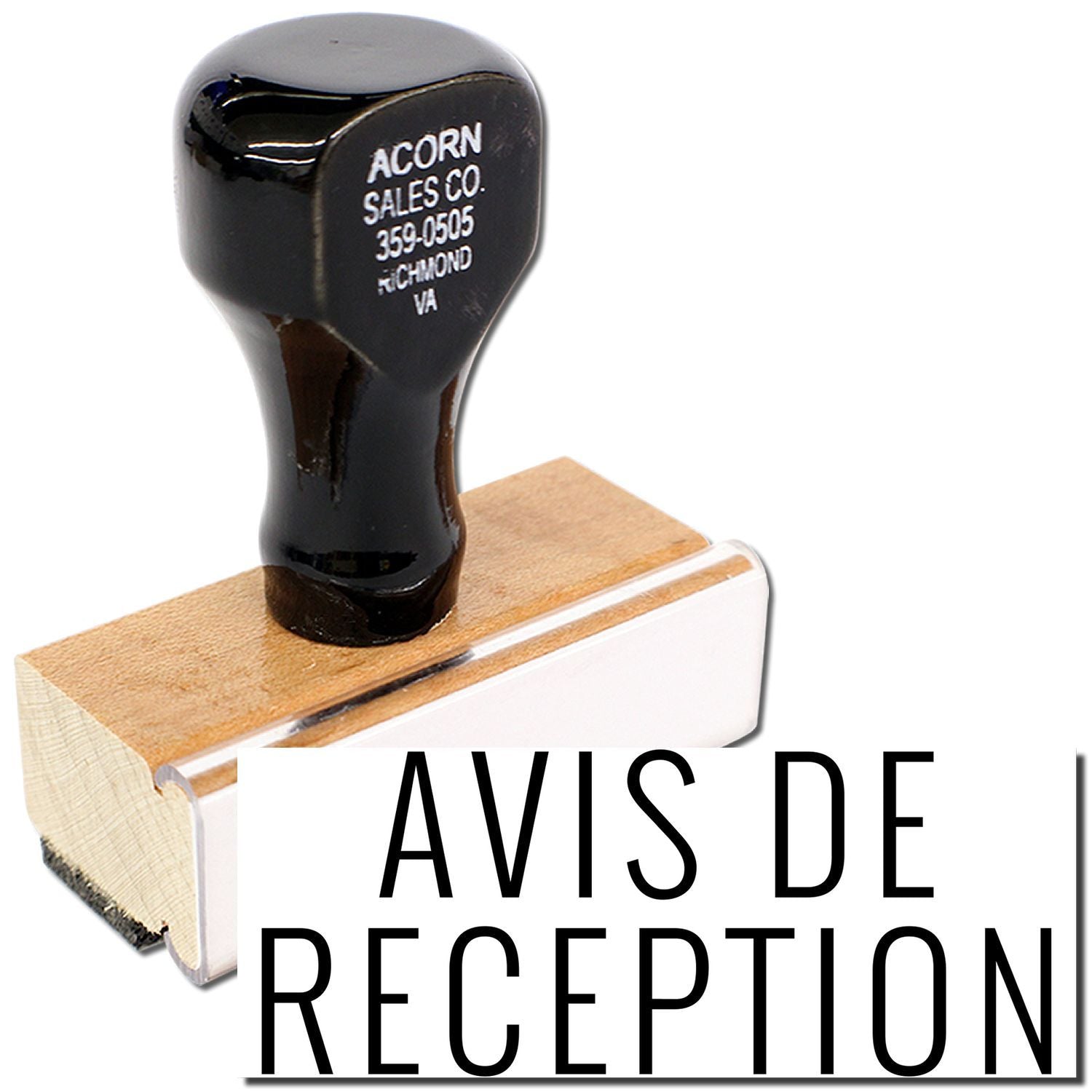 Product photo of a black Acorn Sales Co. golf club head on a wood block, labeled 359-0505, Richmond VA, with AVIS DE RECEPTION.