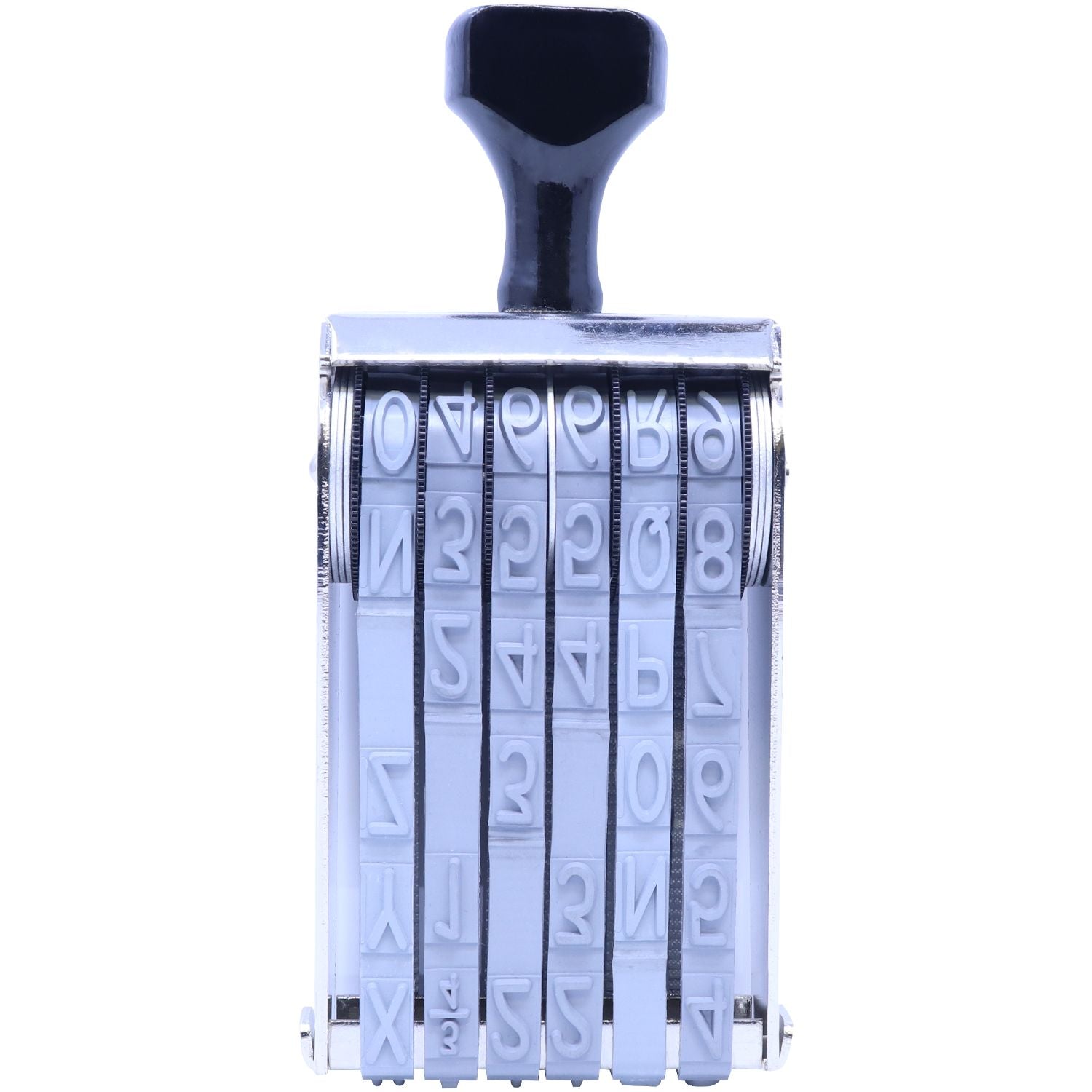 Close-up of a metal rotating date and number stamp with black handle on a white background