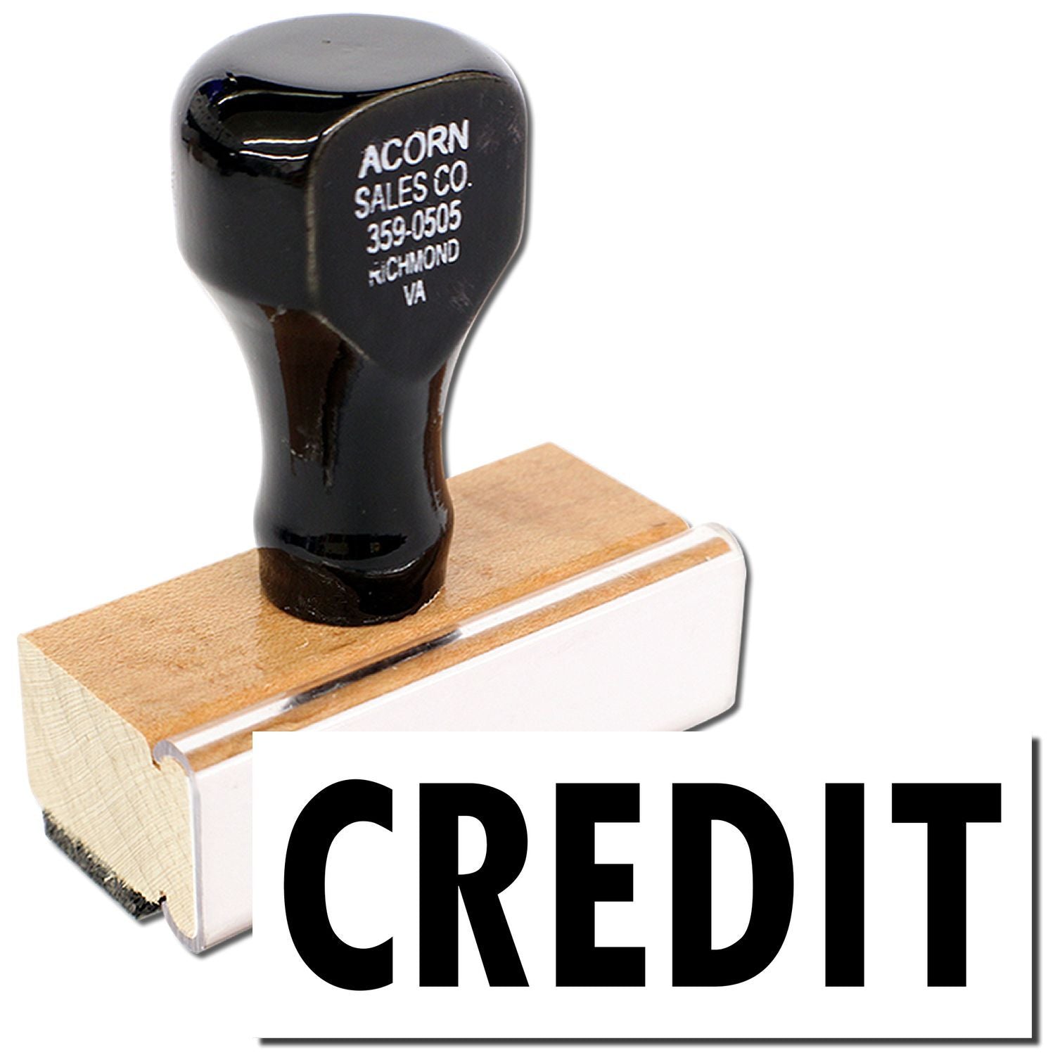 Black Acorn Sales Co credit stamp on wooden base, showing 359-0505 Richmond VA for merchant payment processing.