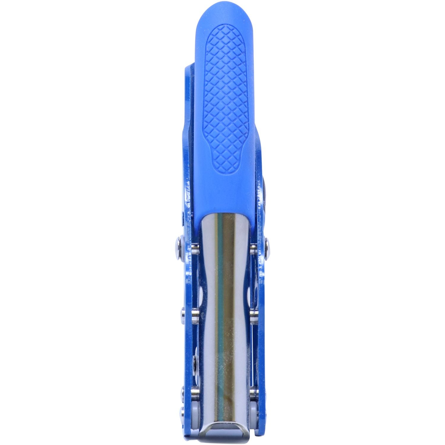 Blue folding pocket knife with textured grip isolated on a white background