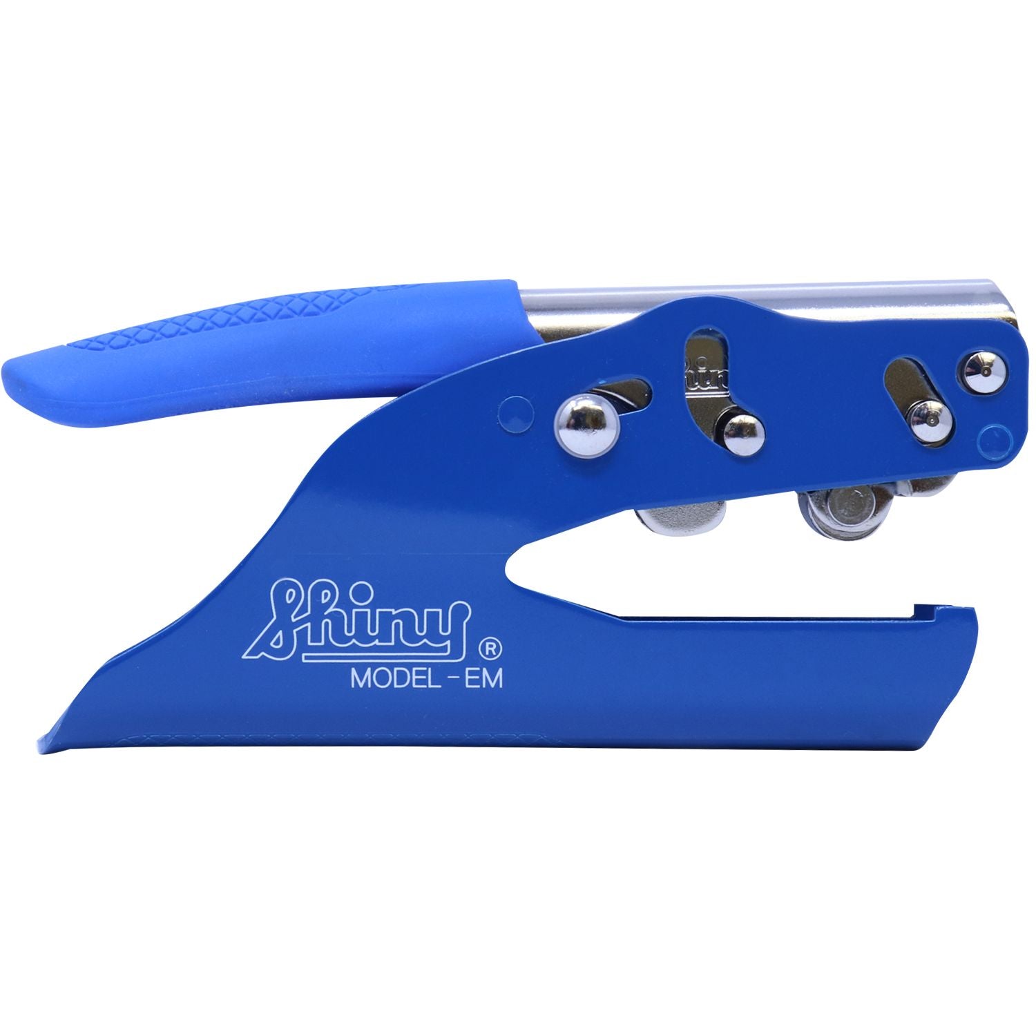 Blue Shiny Model EM heavy-duty staple gun on a white background, professional hand stapler tool for office and packaging use