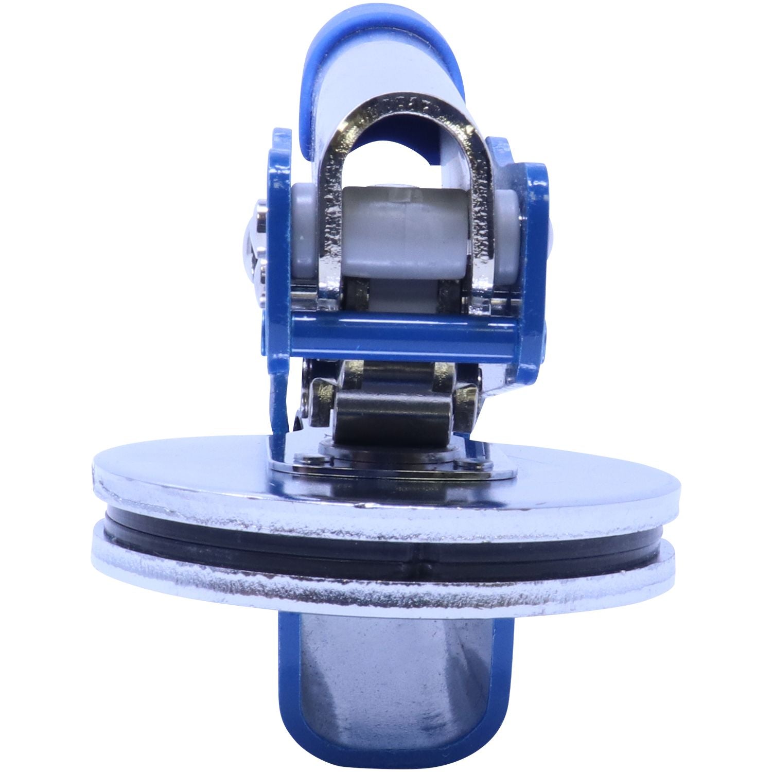 Blue industrial pipe fitting valve with stainless steel flange, isolated on white background