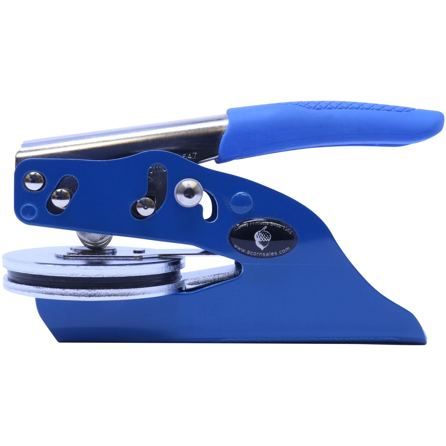 Blue handheld button badge press machine with metal die on white background