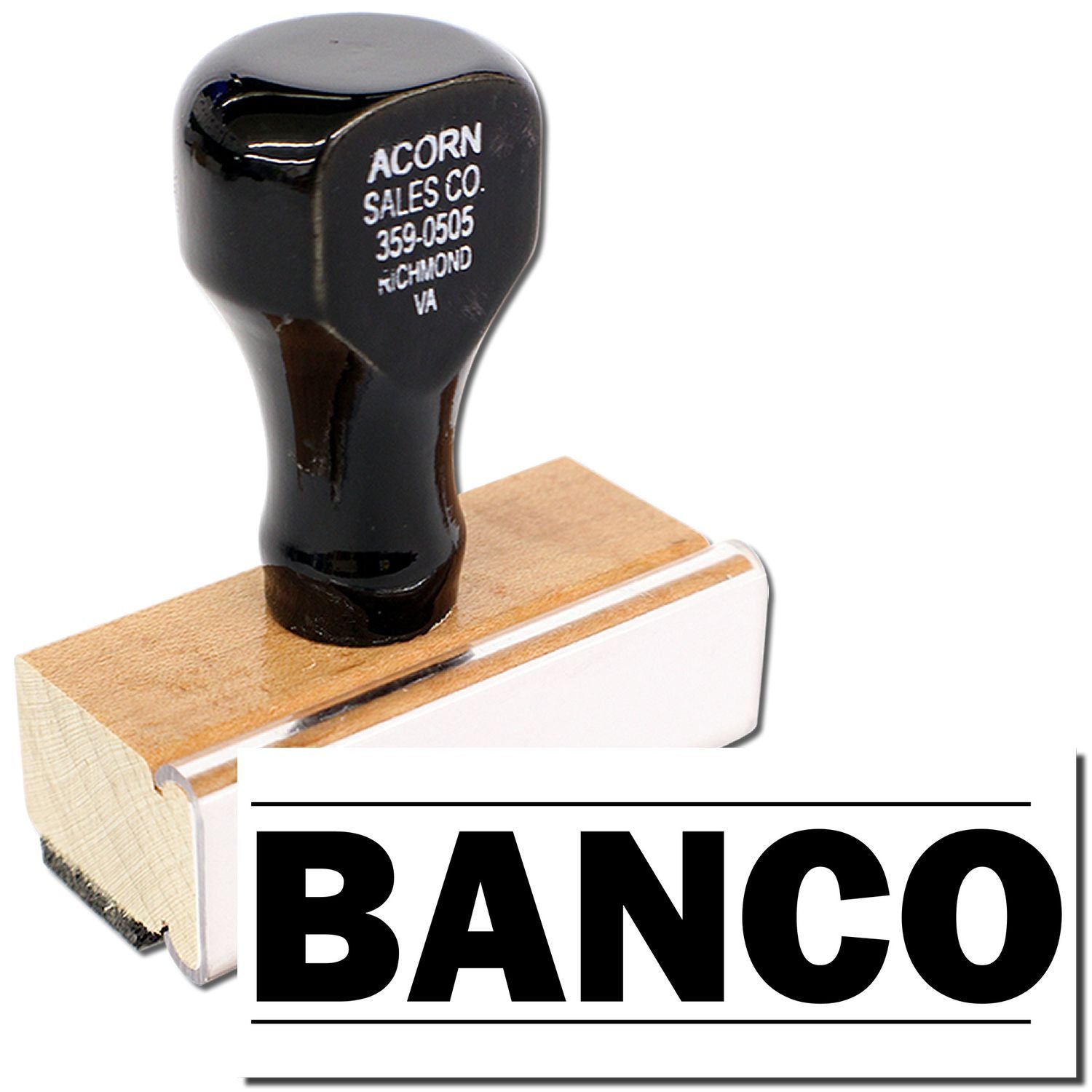 BANCO branded black rubber accessory with Acorn Sales Co. label on wood base for industrial hardware product