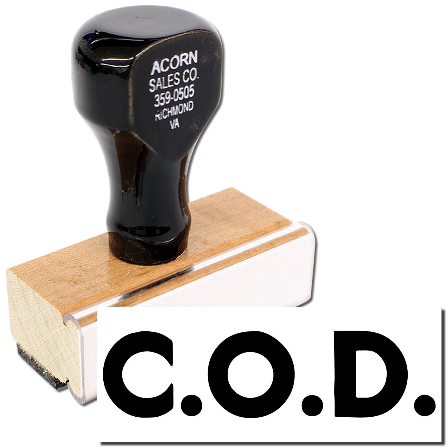 Acorn Sales Co. C.O.D. stamp on wooden block for shipping labels and payment-on-delivery postal mail, model 359-0505 Richmond VA.