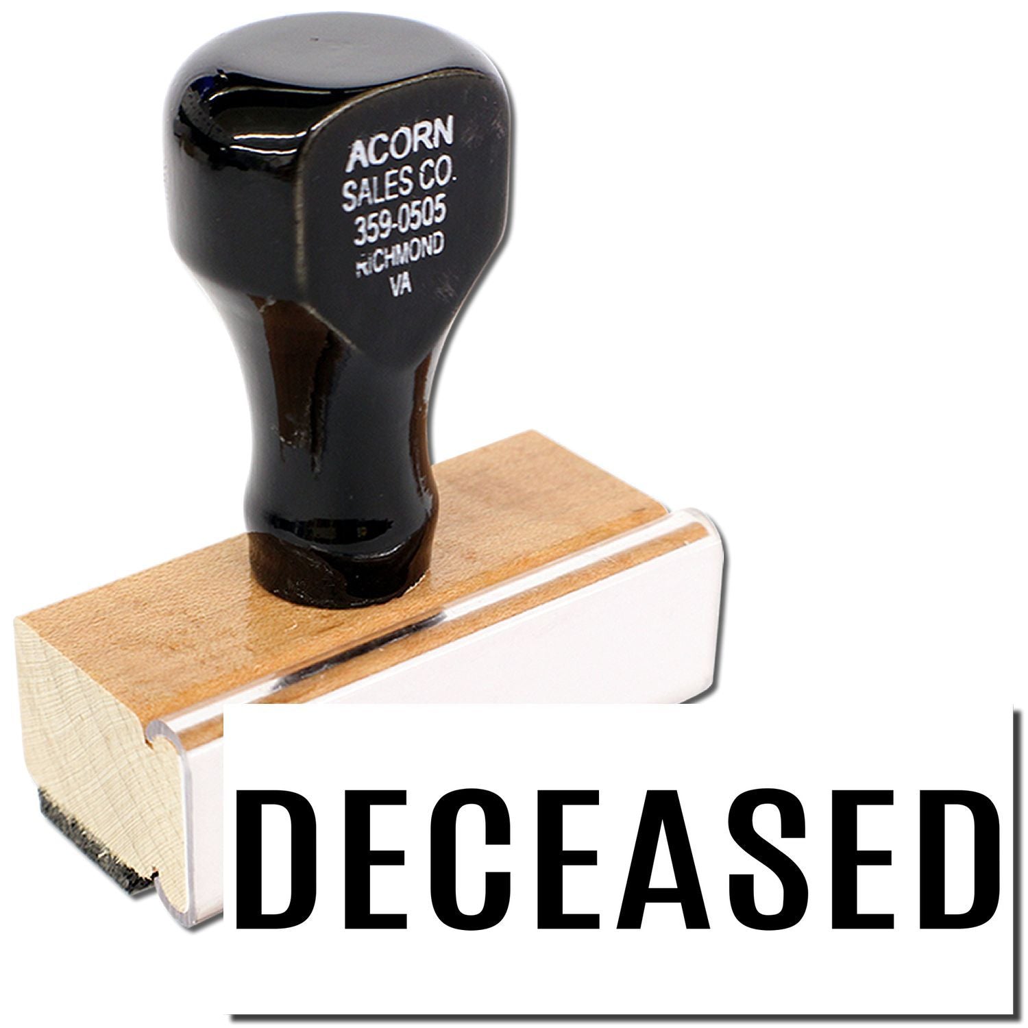 Acorn Sales Co. DECEASED stamp tool on wooden base for marking records as deceased