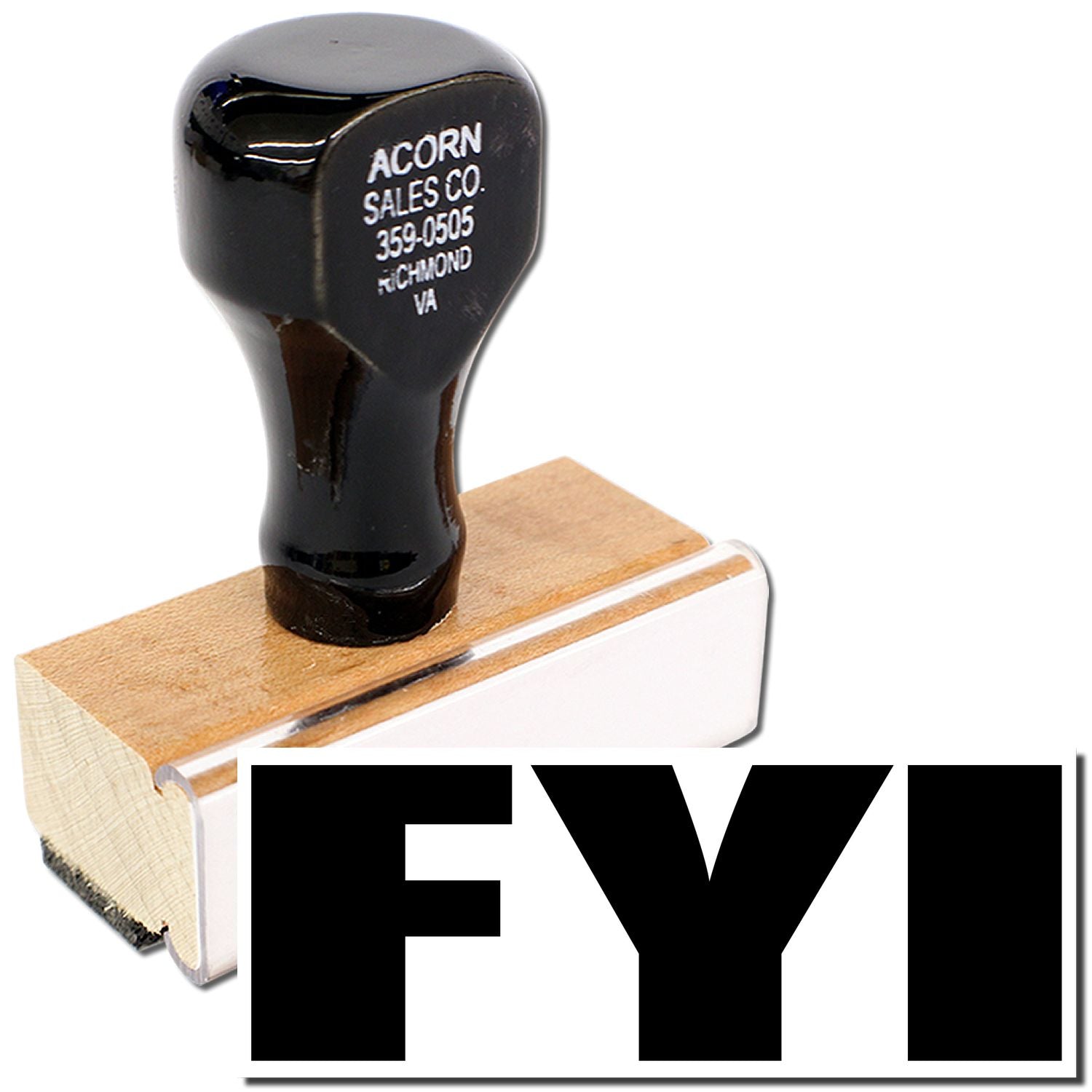 Black golf club head display with Acorn Sales Co. serial marking on wooden block, shown with FYI logo.