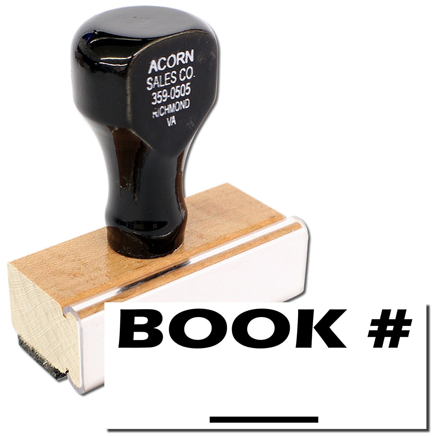 Acorn Sales Co. rubber stamp on wood block, labeled BOOK #, for document numbering and imprinting.