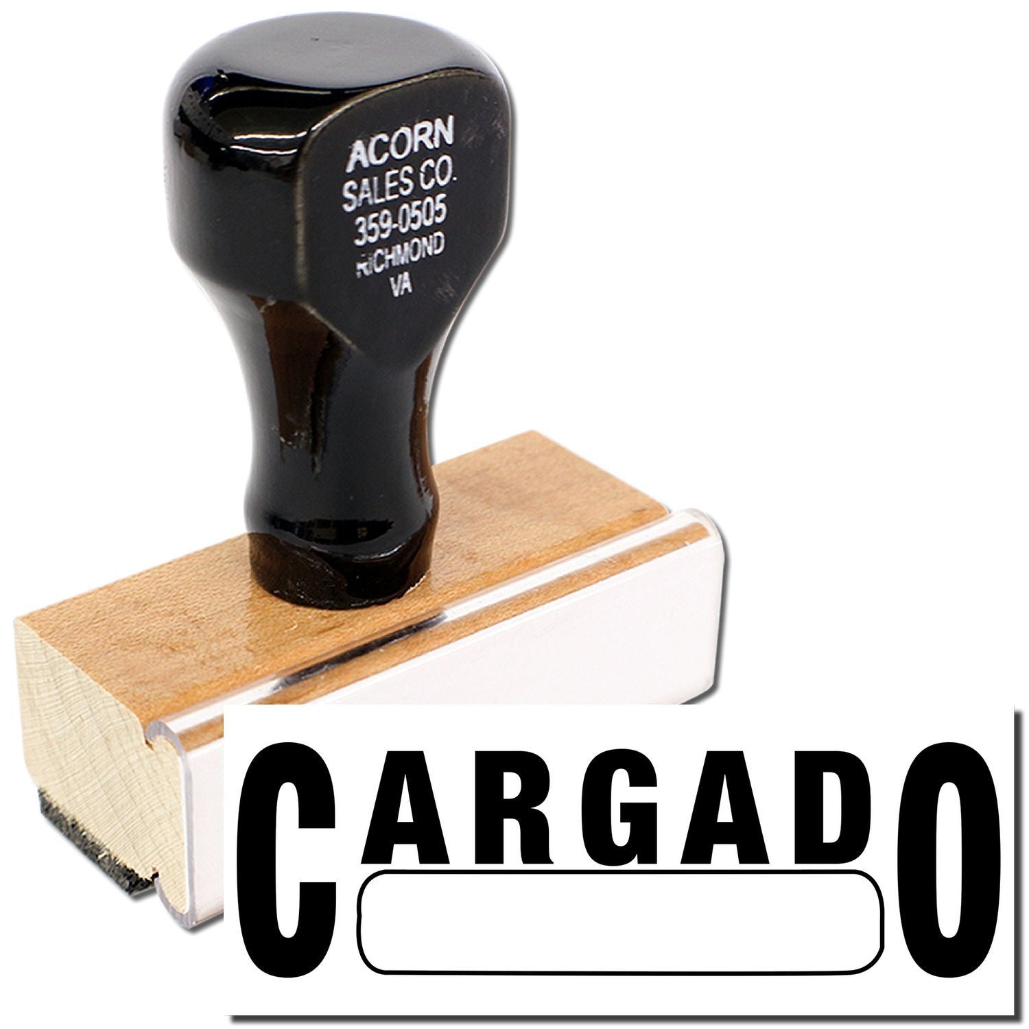 Acorn Cargo product photo: black Acorn Sales Co. 359-0505 industrial replacement part on wooden base, Richmond, VA marking shown.
