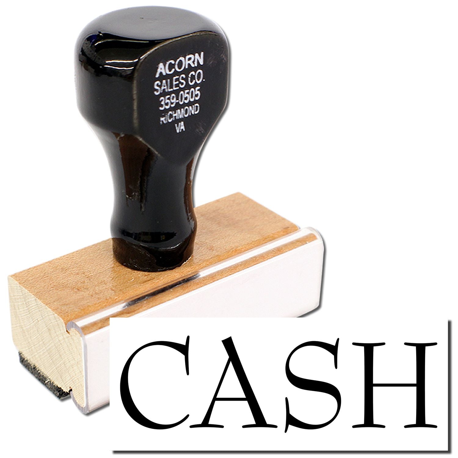 Rubber stamp on wooden block labeled ACORN SALES CO. 359-0505 and CASH for payment verification.