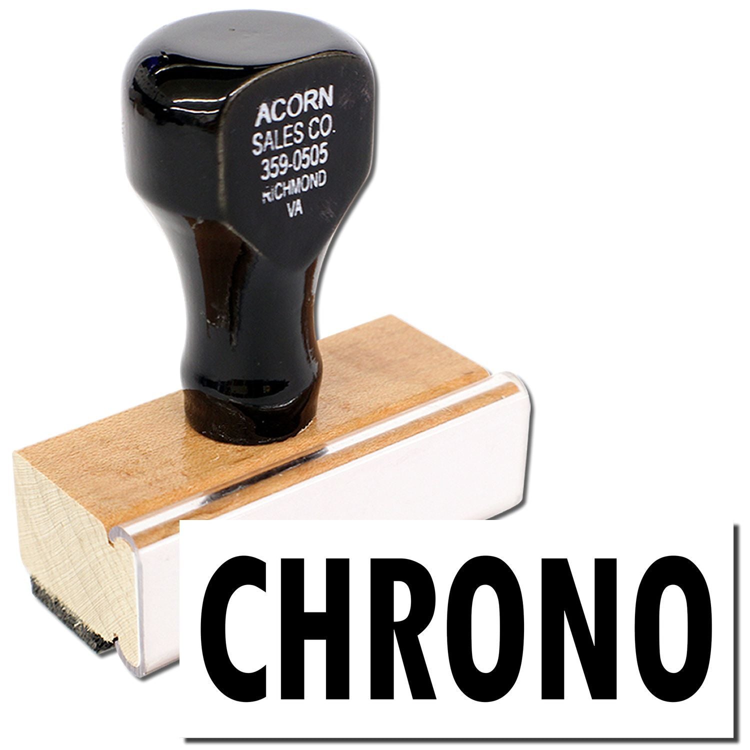 Acorn Sales Co Richmond VA logo on Chrono stamp tool handle for custom address marking and labeling