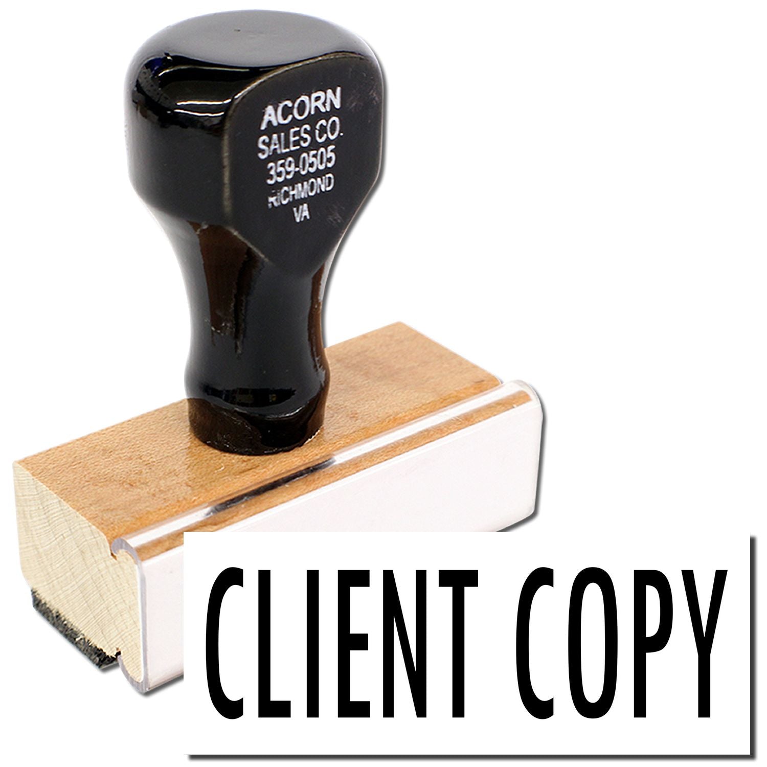 Acorn Sales Co Client Copy stamp on wood handle, black ink printing tool for labeling, documentation and sales service.