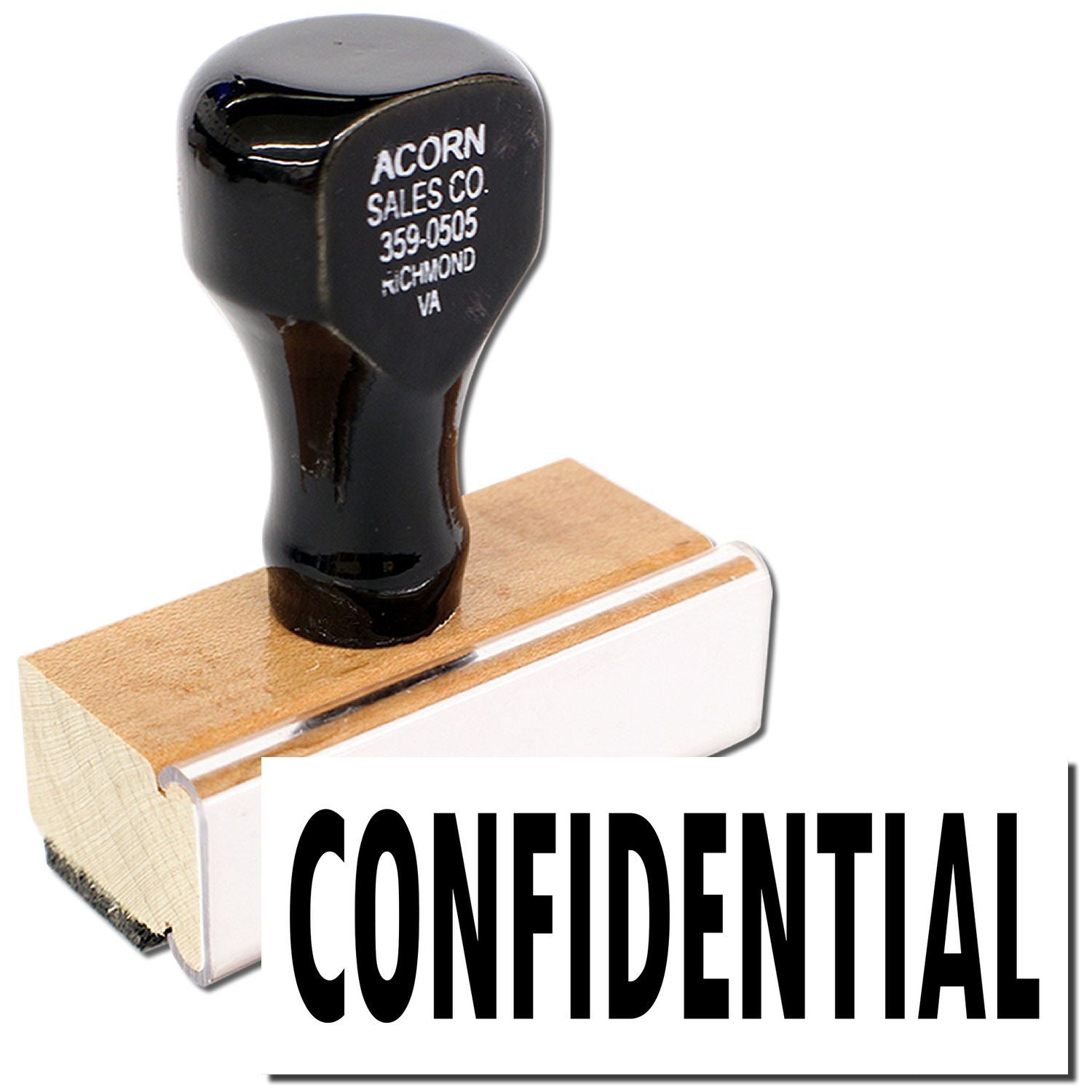 Confidential rubber stamp on Acorn Sales Co handle, used to mark documents with confidential status.