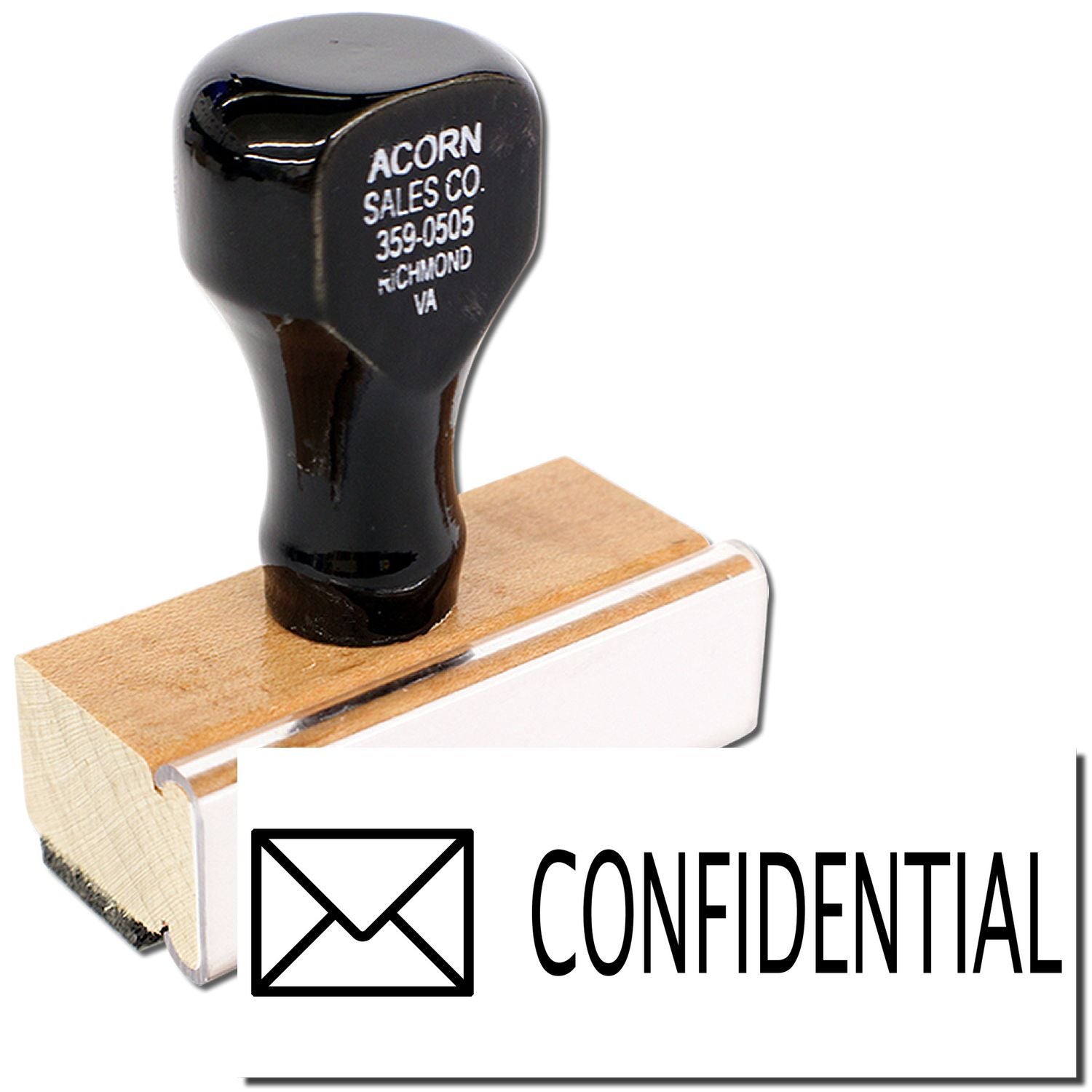 Confidential stamp on wood block with Acorn Sales Co. imprint, used for labeling office paperwork as confidential records and files quickly.