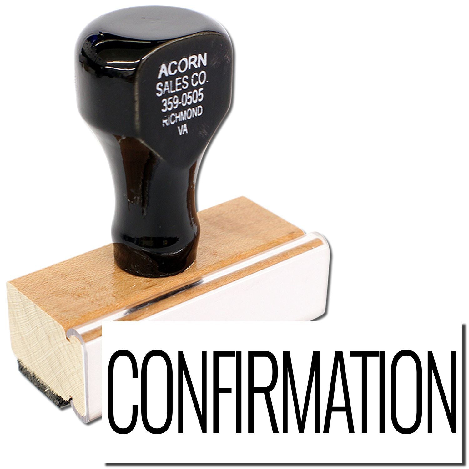 Acorn Sales Co. 359-0505 knob part on wood block labeled CONFIRMATION for servicing identification