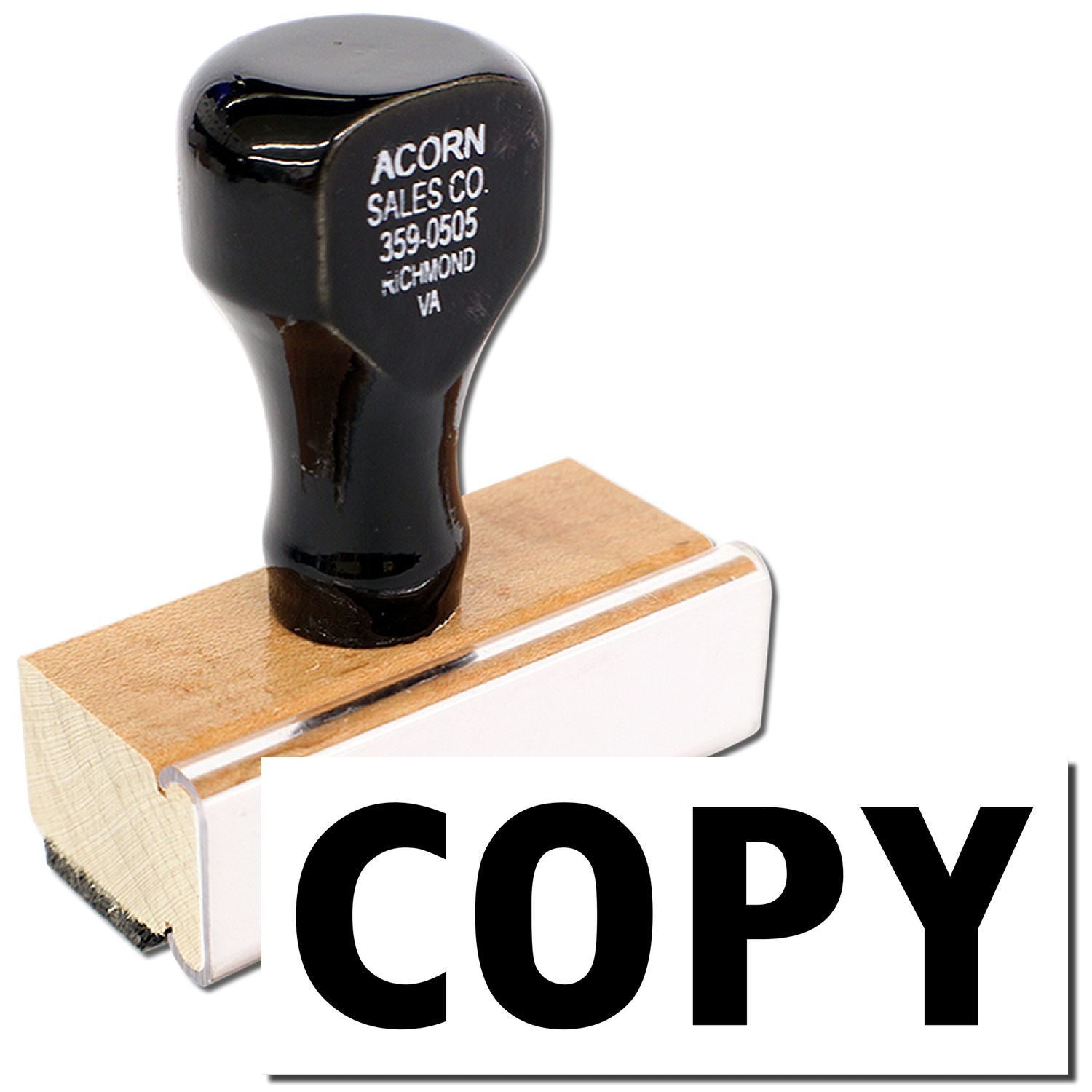Acorn Sales Co. stamp showing phone 359-0505 and Richmond, VA contact on black handle over wooden base