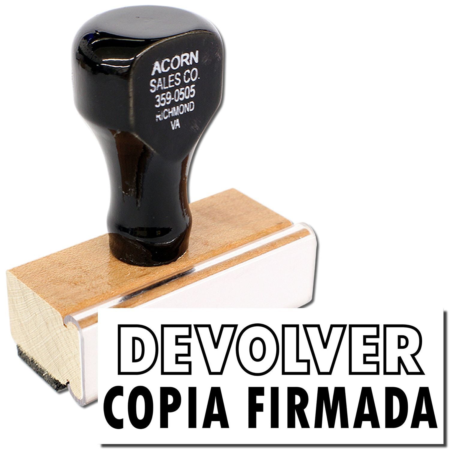 Acorn Sales Co. stamped black handle on wooden block, product image for Devolver copia firmada label.