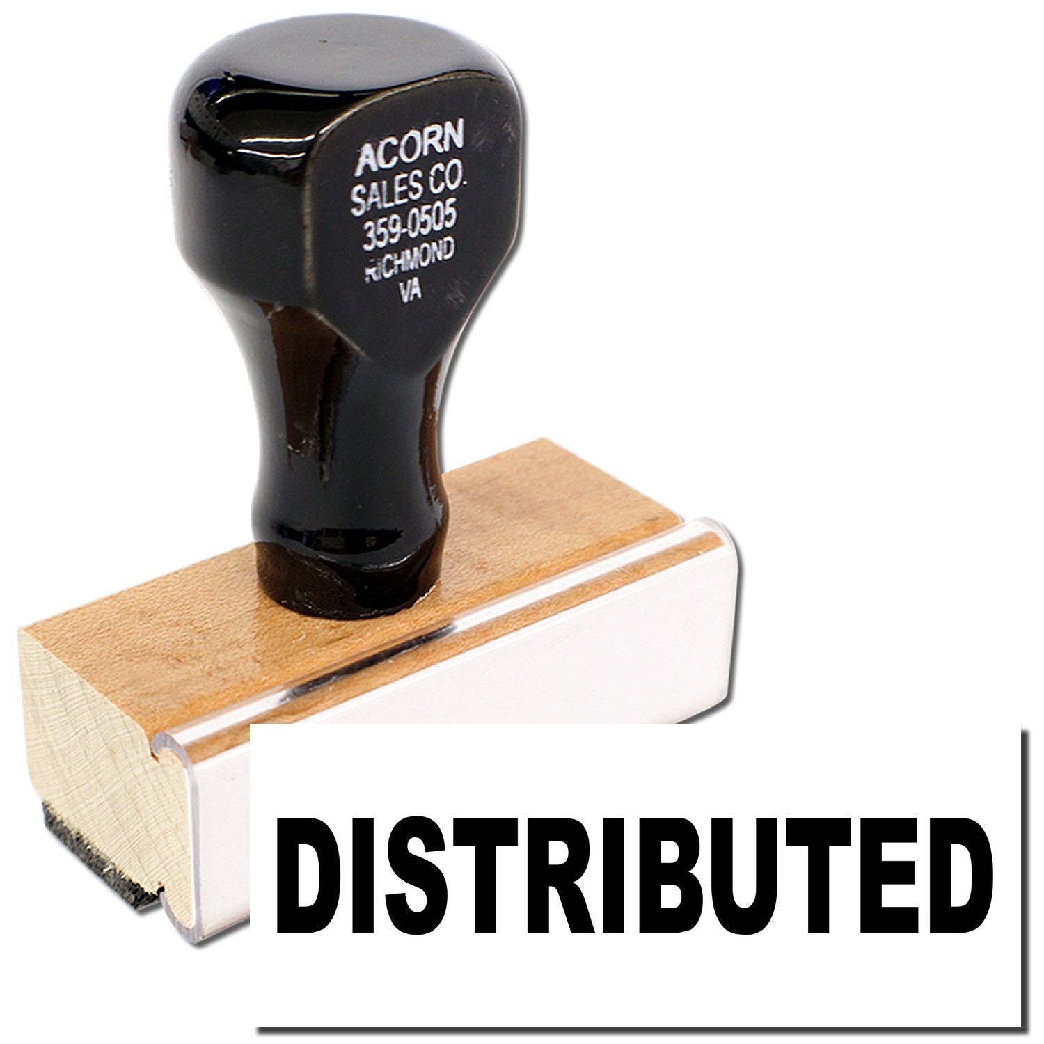 Acorn Sales Co distributed stamp on wooden block, showing 359-0505 phone number for Virginia wholesale product distribution branding seal label