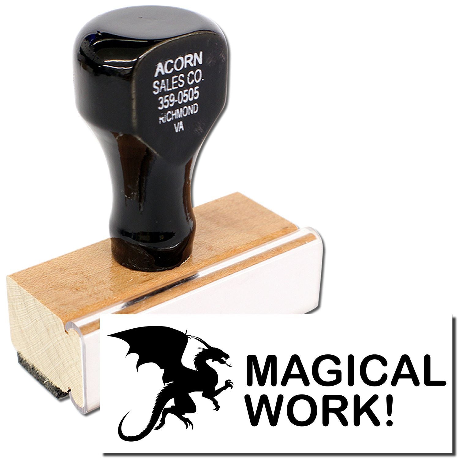 Close-up of Acorn Sales Co. rubber stamp on wooden base, showing MAGICAL WORK! for custom craft labeling