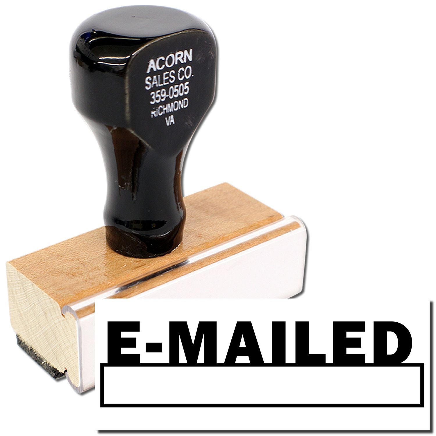 Close-up product image of vintage Acorn Sales Co. black rubber-topped tool on wooden block, showing phone number 359-0505.