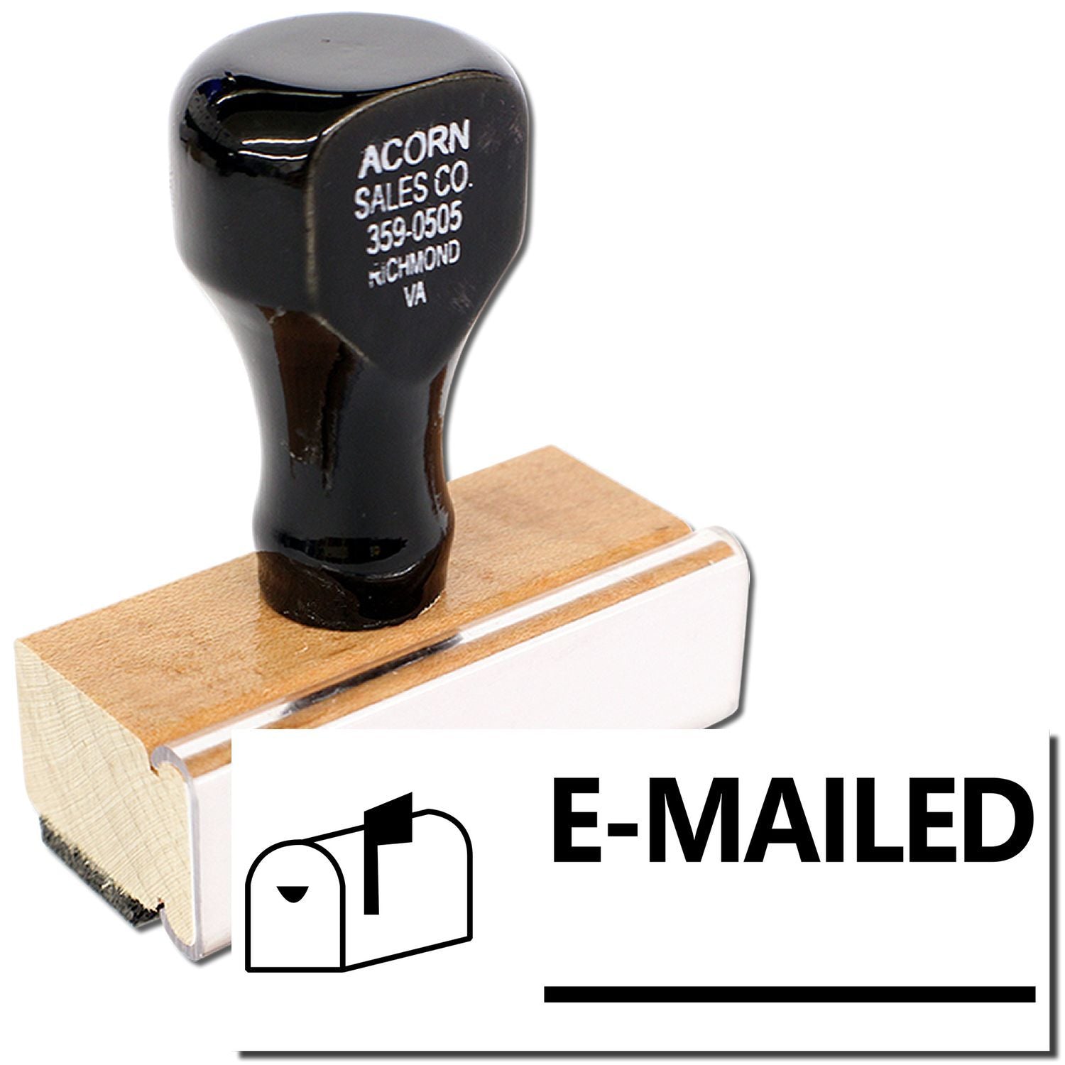 Acorn Sales Co. 359-0505 door repair part on wooden block, labeled E-MAILED for shipment ordering