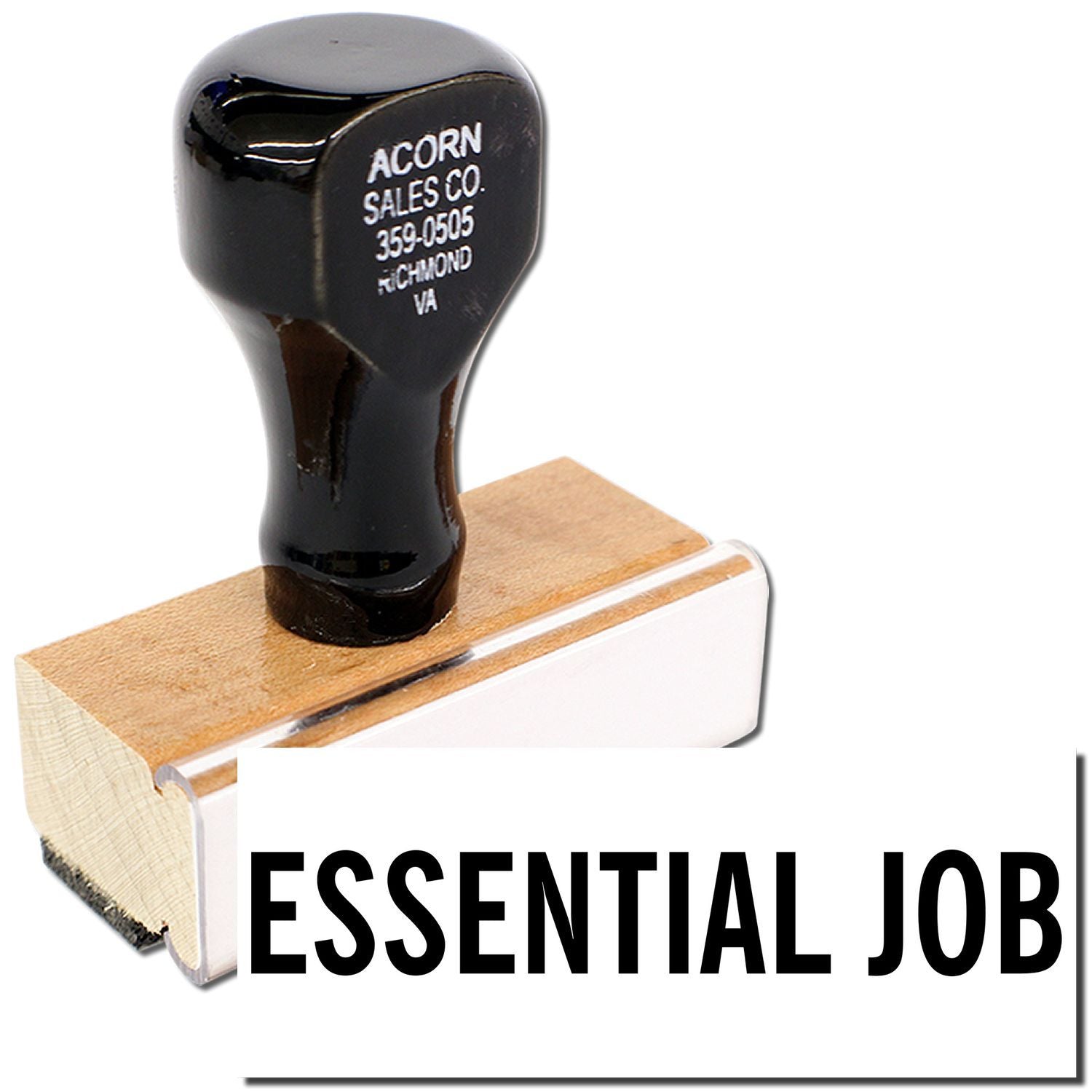Acorn Sales Co. branded tool on wooden block for Essential Job promotion advertisement, showing contact number 359-0505 Richmond, VA.