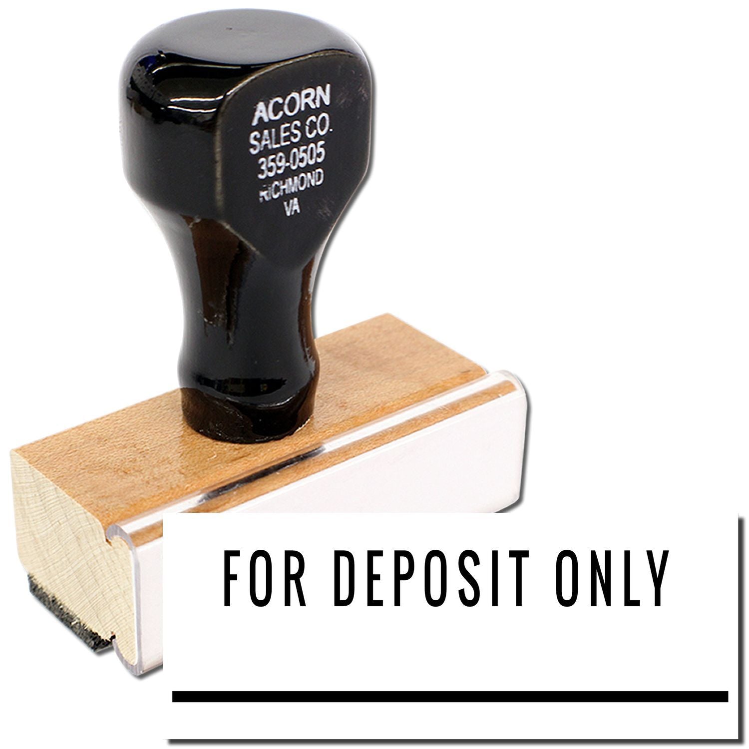 Acorn Sales Co. black rubber stamp reading FOR DEPOSIT ONLY, used to endorse deposited checks in banking and bookkeeping.