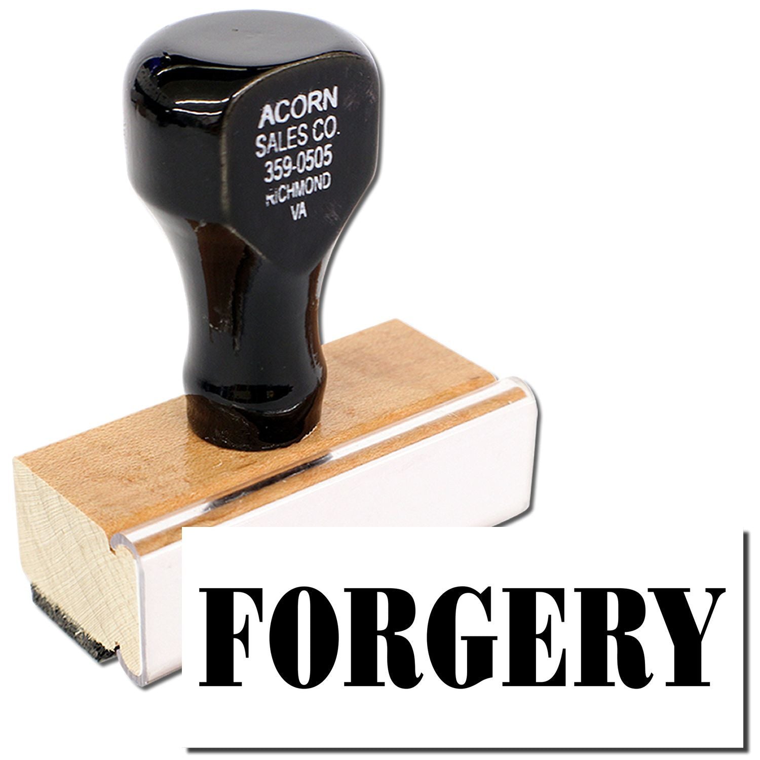 Acorn Sales Co. logo rubber stamp labeled 359-0505 on wooden base, shown on a Forgery counterfeit graphic.