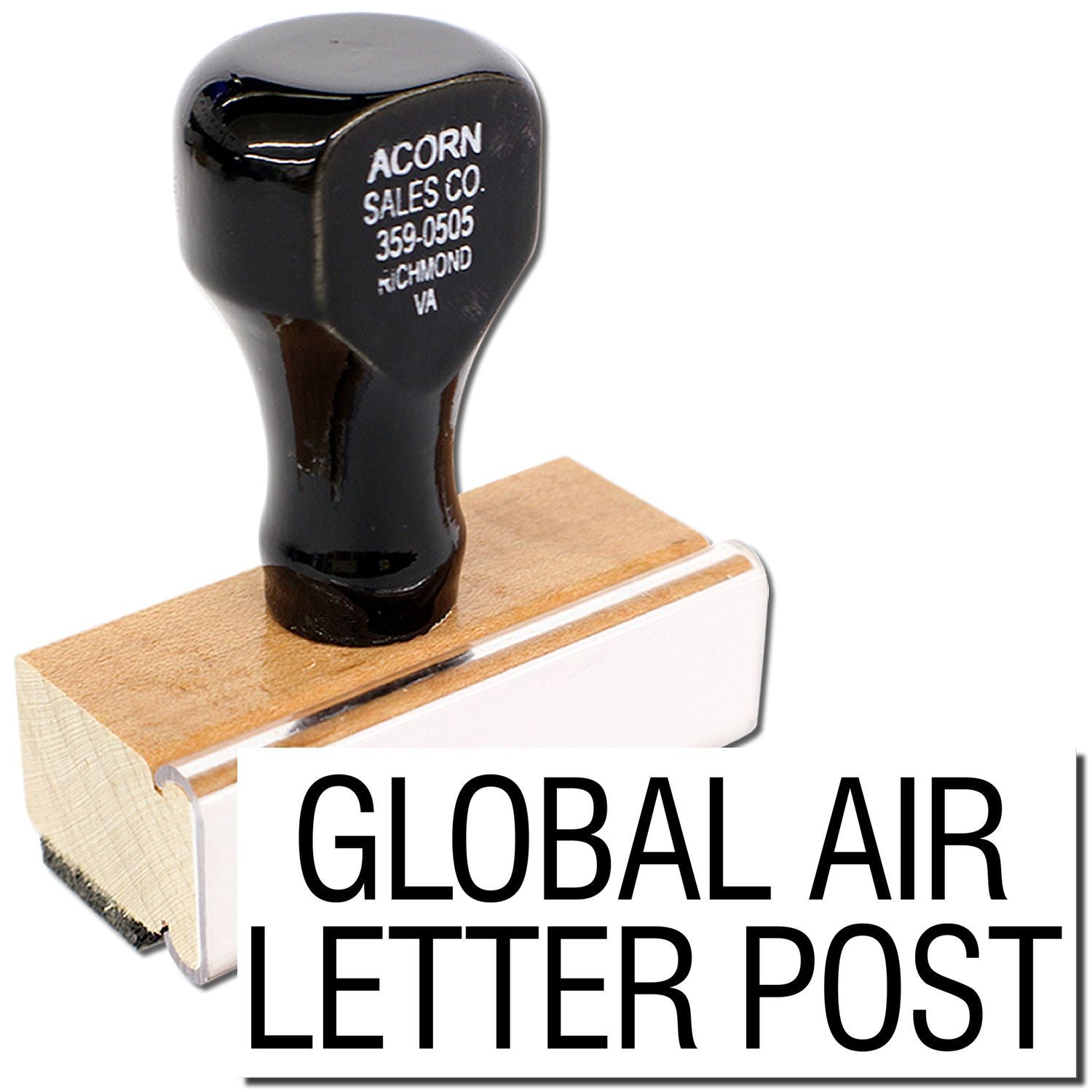 Global Air Letter Post label with stamped black golf tee, showing Acorn Sales Co contact info for shipping promotion.