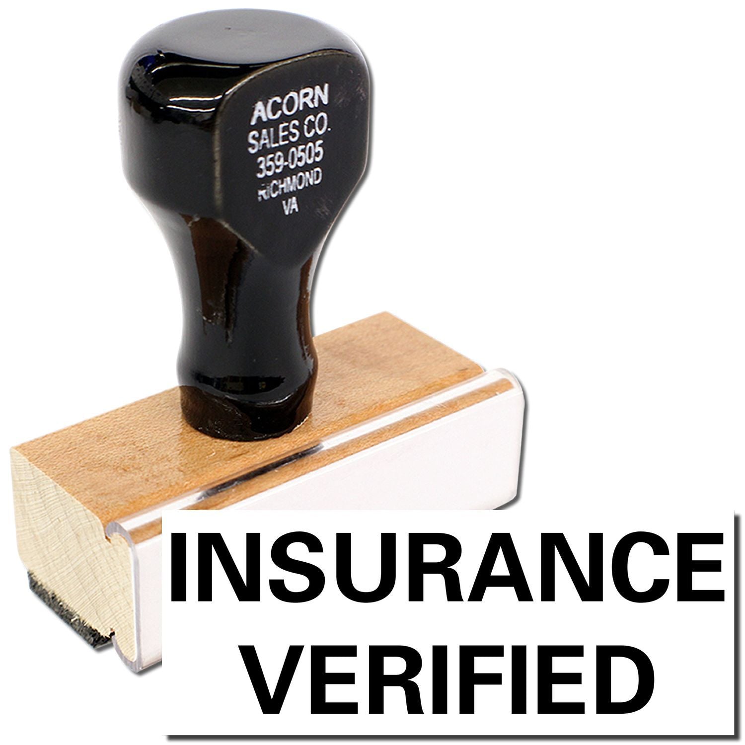 Acorn Sales Co. branded black rubber handle on wood block with Insurance Verified stamp for product verification