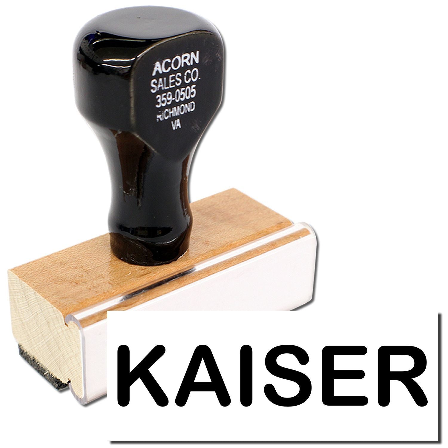 Custom Acorn Sales Co stamp on wooden handle, showing phone number for Richmond VA document marking and business branding.