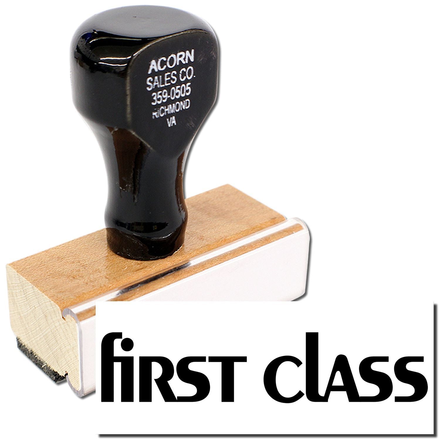 Acorn Sales Co. black rubber stamp showing First Class for mailing and shipping labels, used to mark envelopes and parcels.