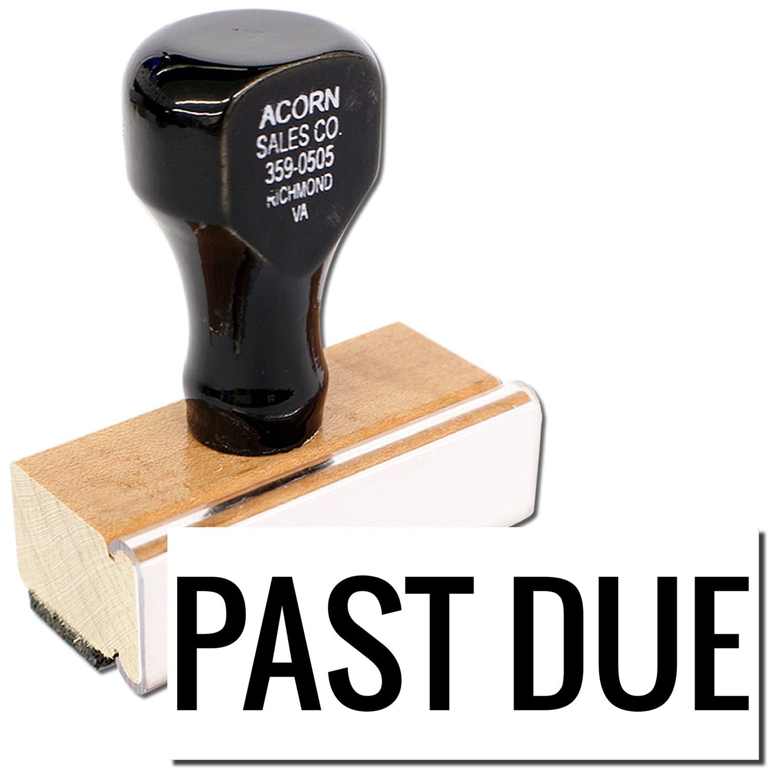 Acorn Sales Co. PAST DUE rubber stamp on wooden base for late payment notices, Richmond VA model 359-0505.