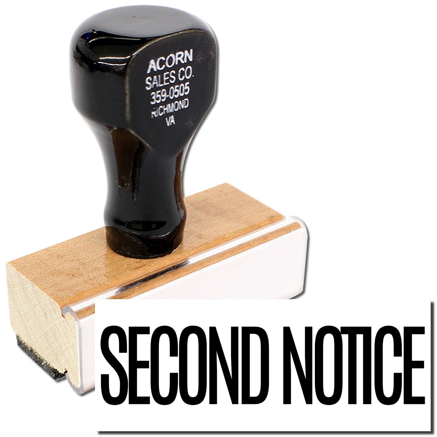 Acorn Sales Co. Second Notice rubber stamp on wooden block for billing and account reminder documents