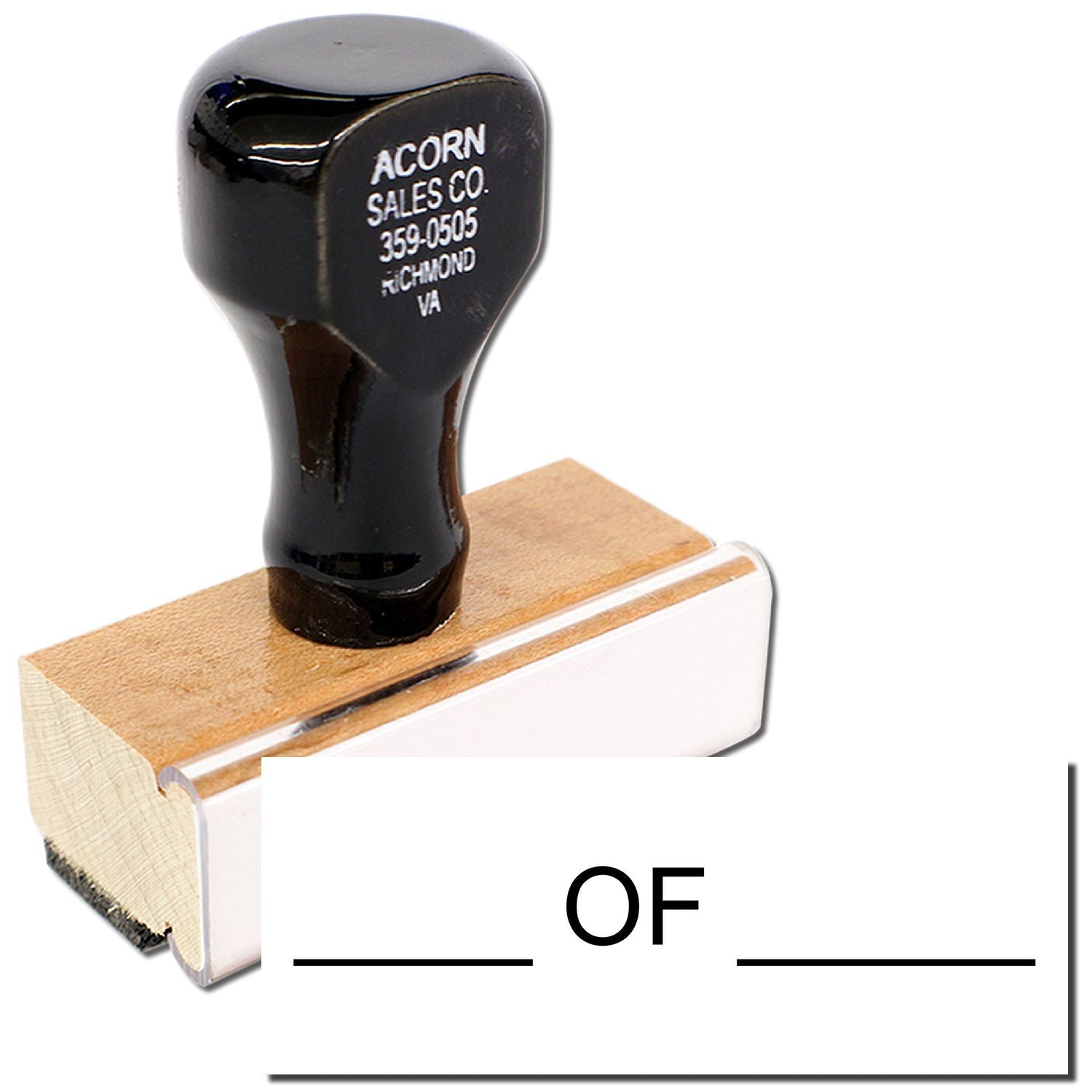 Close-up of Acorn Sales Co. black knob labeled 359-0505 on a wooden base, product detail photo.