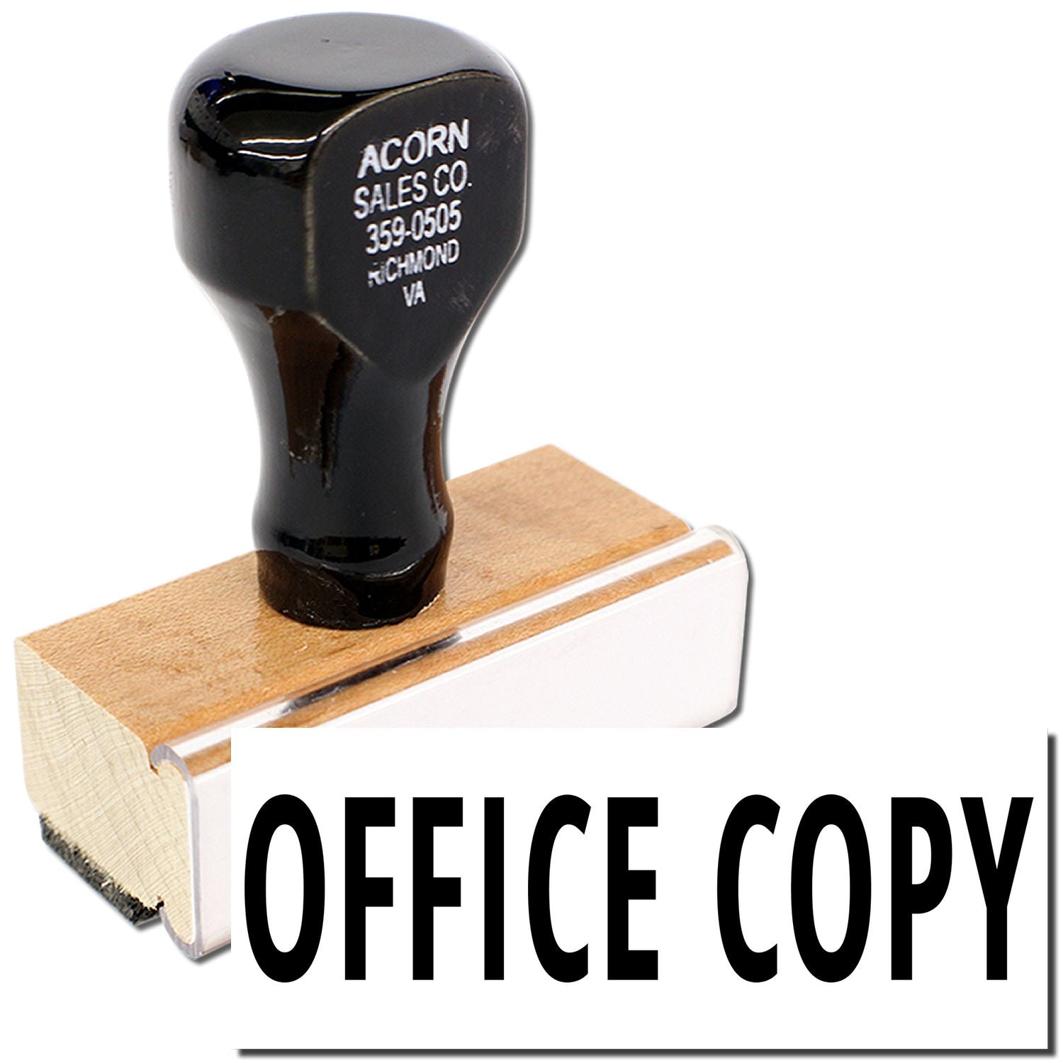 Acorn Sales Co. Richmond VA rubber business stamp on wooden base for office paperwork, marking copies and documents.