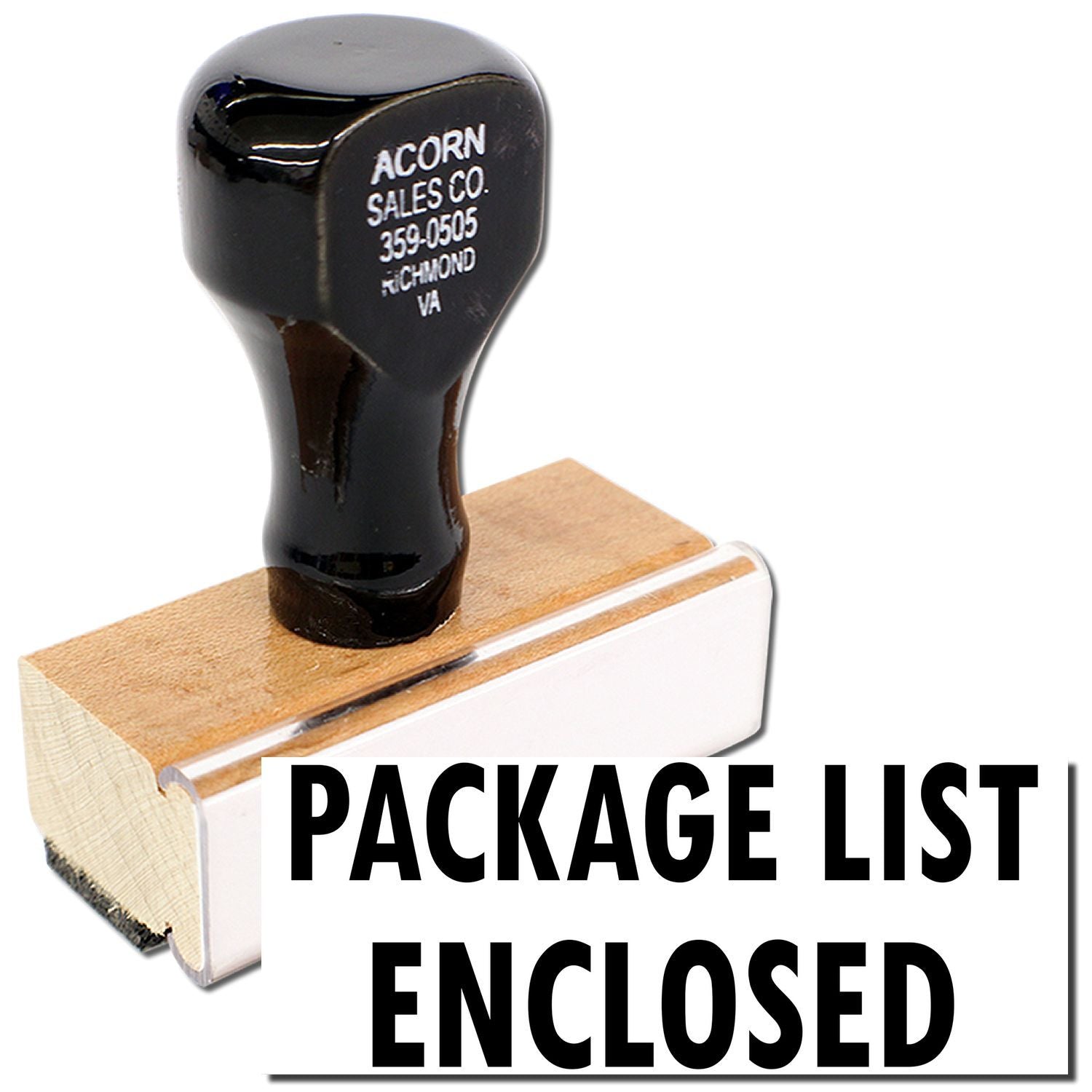Acorn Sales Co. Package List Enclosed black rubber stamp for shipping documents, Richmond VA contact
