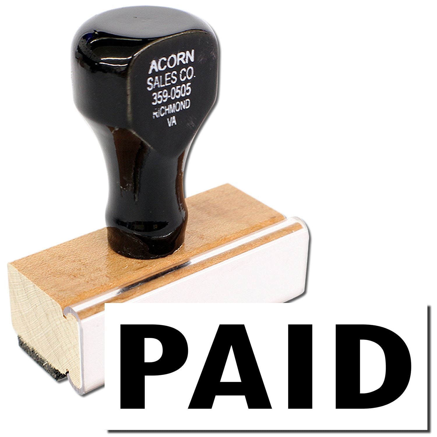Acorn Sales Co. custom PAID stamp on wood block with phone number 359-0505, Richmond VA.