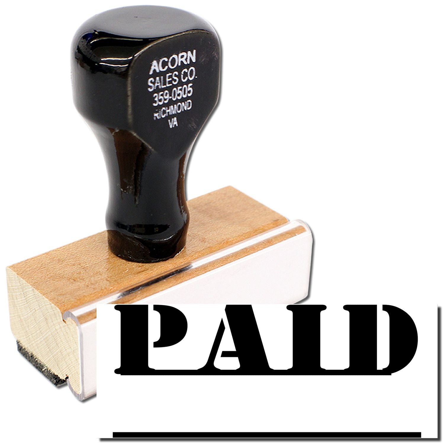 Acorn Sales Co. Plain rubber stamp tool with black stamp head on wooden base for marking documents and packages.