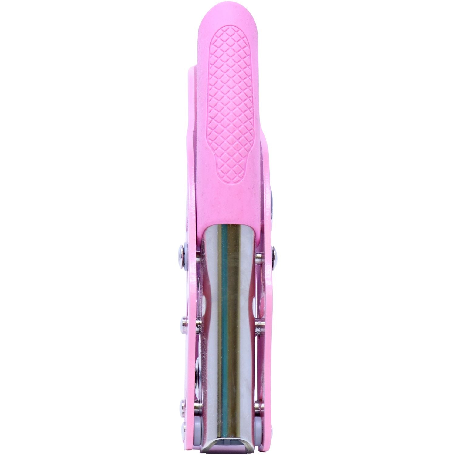 Pink folding utility knife with silver blade housing, isolated on white background.