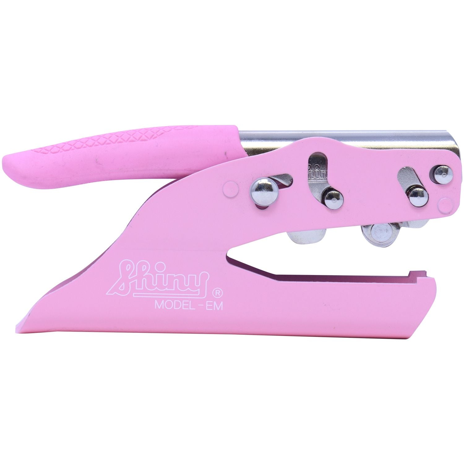 Pink heavy-duty nail clipper with ergonomic handle, Shiny Model EM manicure tool isolated on white background