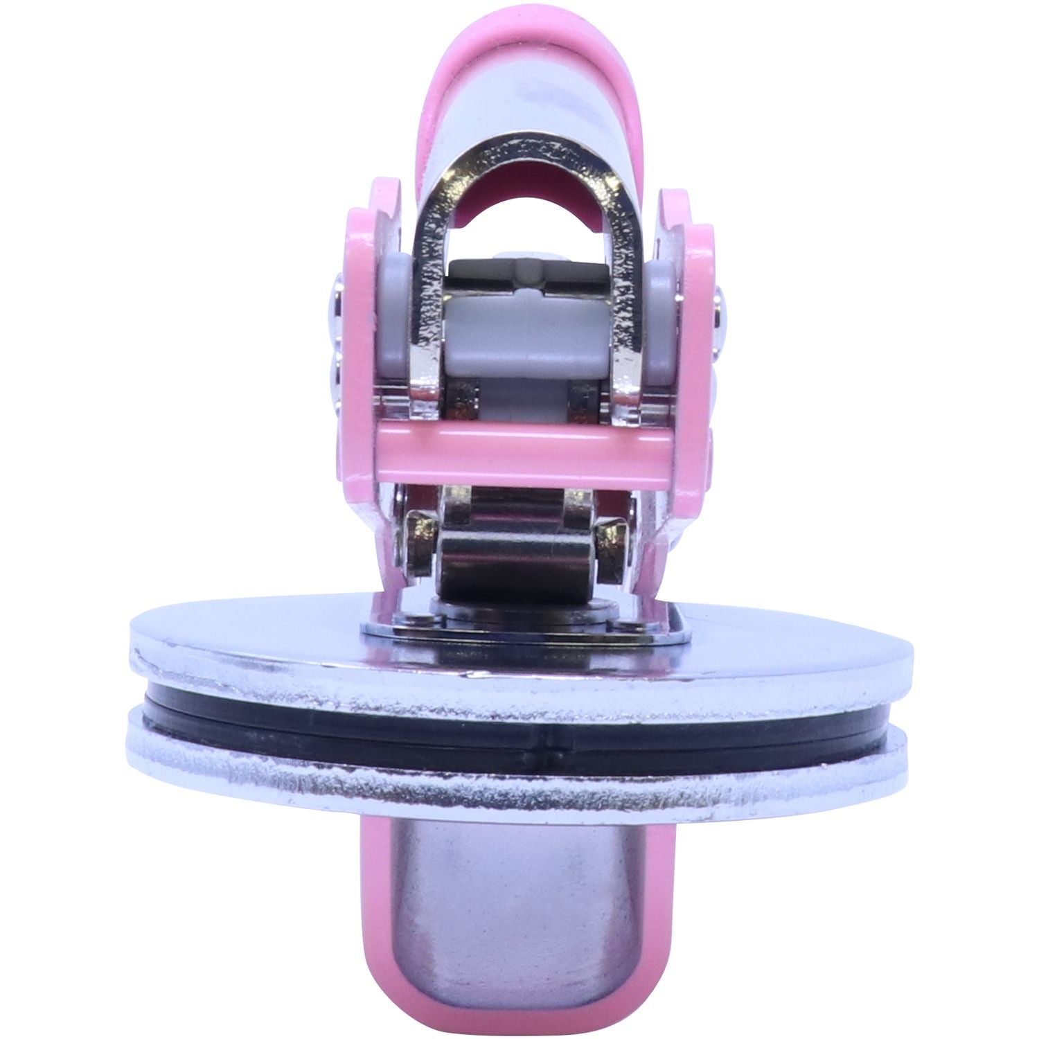 Pink and silver metal suction cup clamp hardware isolated on a white background