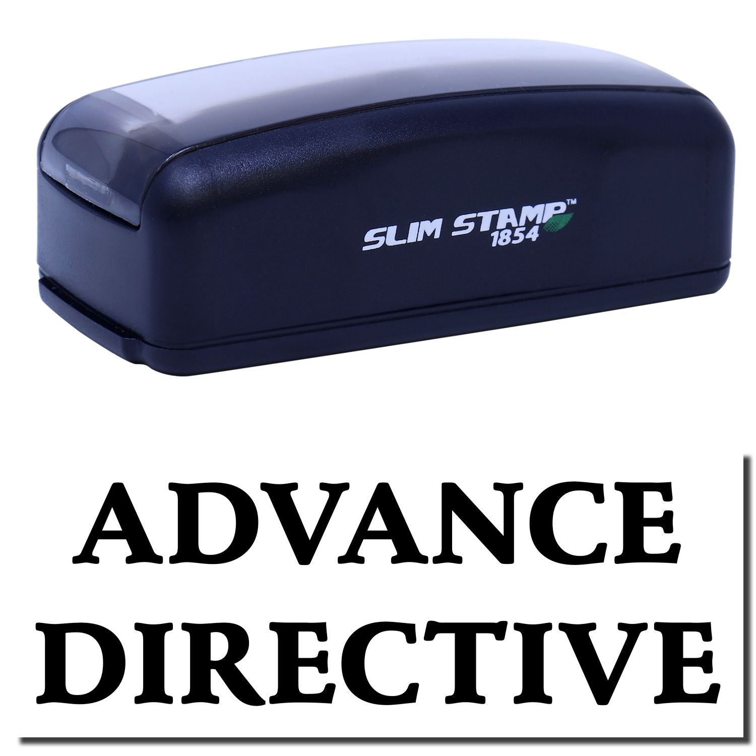 Slim Stamp 1854 advance directive stamp with blue case, used to imprint advance directives documents.