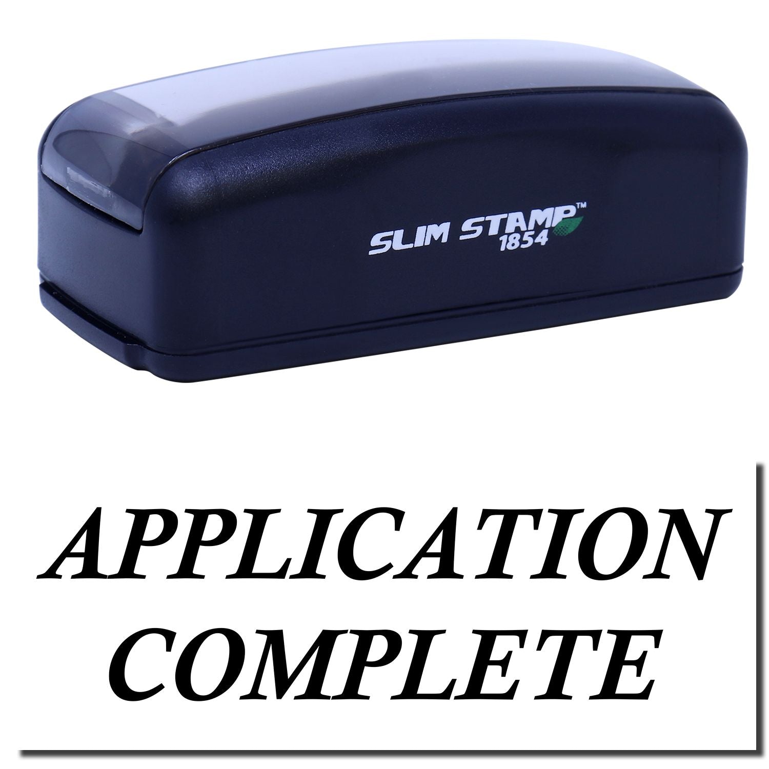 Slim Stamp 1854 self-inking stamp labeled Application Complete for marking documents.